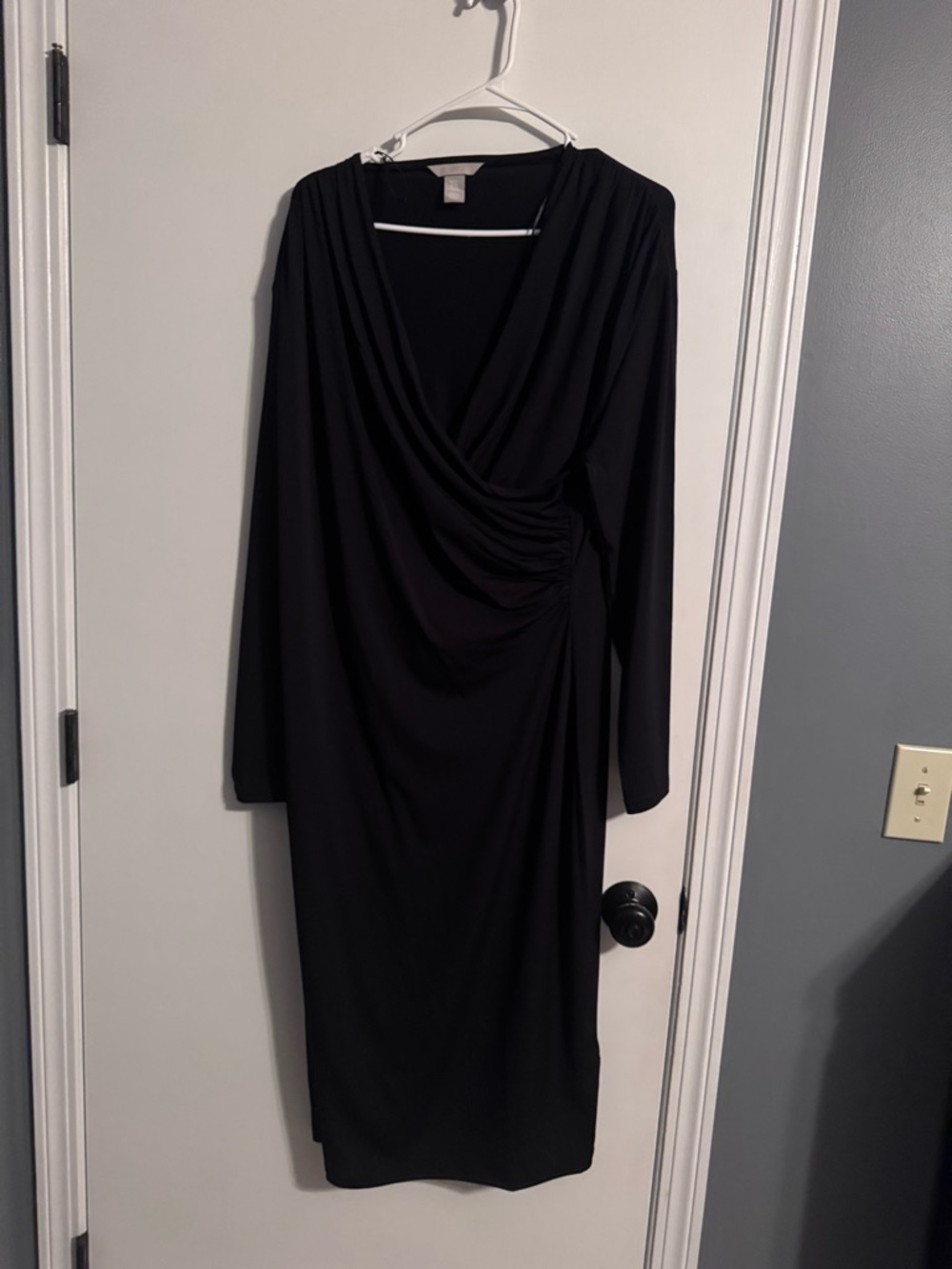 H&M Black Long-Sleeve Draped Faux-Wrap Dress